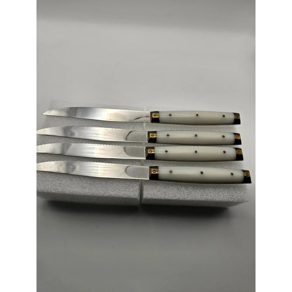 Vintage French Steak Knives Set of 4 Stainless Steel Cream Faux Bone Handles